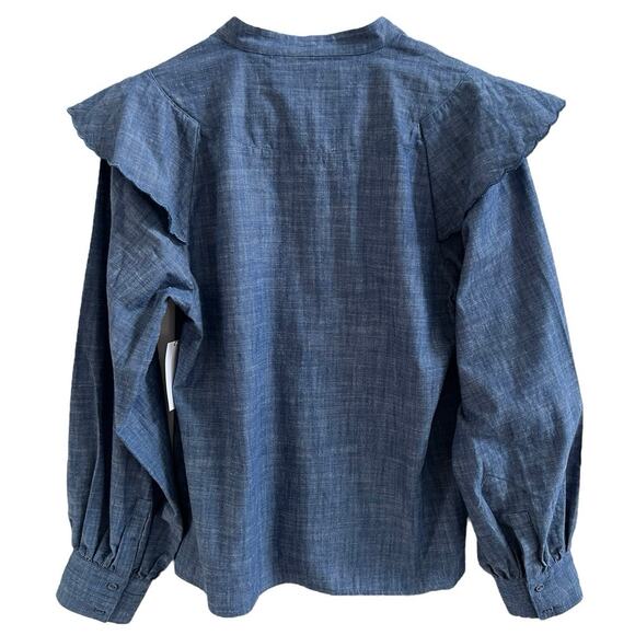 Joie Rivoire NWT Blue Chambray Ruffle Puff Sleeve Cotton Blouse Top size Small - Picture 8 of 16